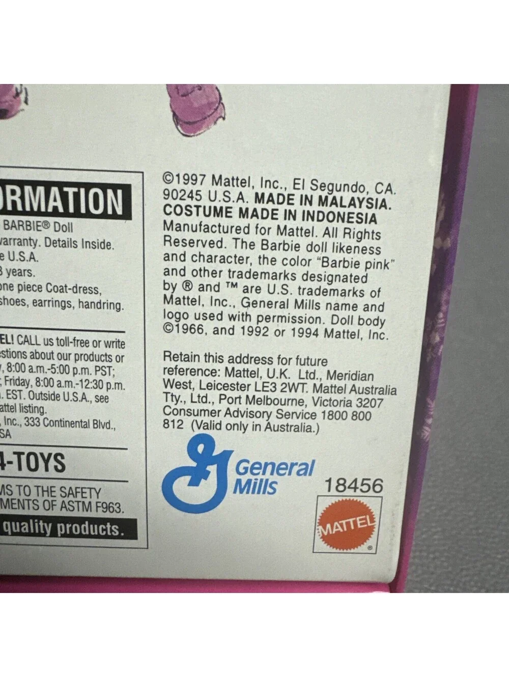 Mattel Winter Dazzle Barbie Doll 1997 Special Edition General Mills 18456 Pink